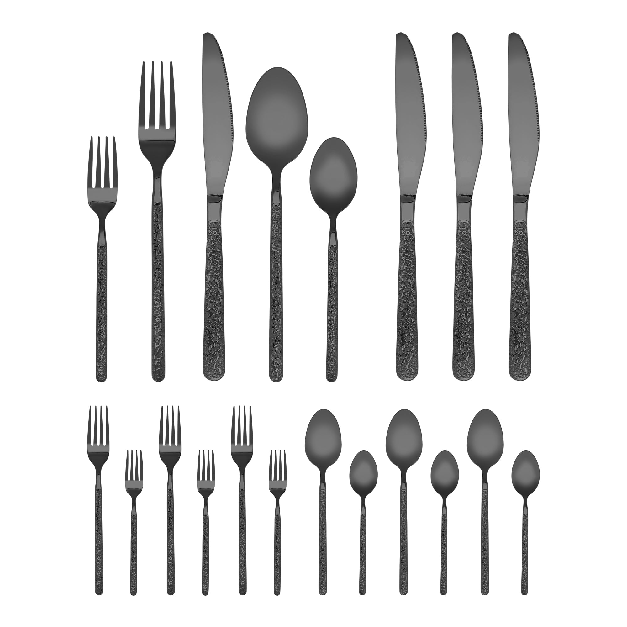 Unique Bargains 20 Piece Stainless Steel Flatware Set with Texture and Mirror Black