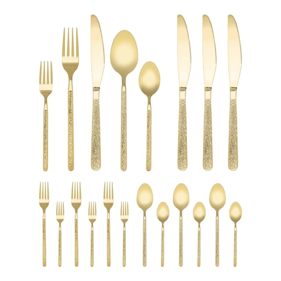 Unique Bargains 20 Piece Stainless Steel Flatware Set with Texture and Mirror Gold