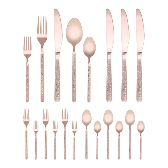 Unique Bargains 20 Piece Stainless Steel Flatware Set with Texture and Mirror Rose Gold