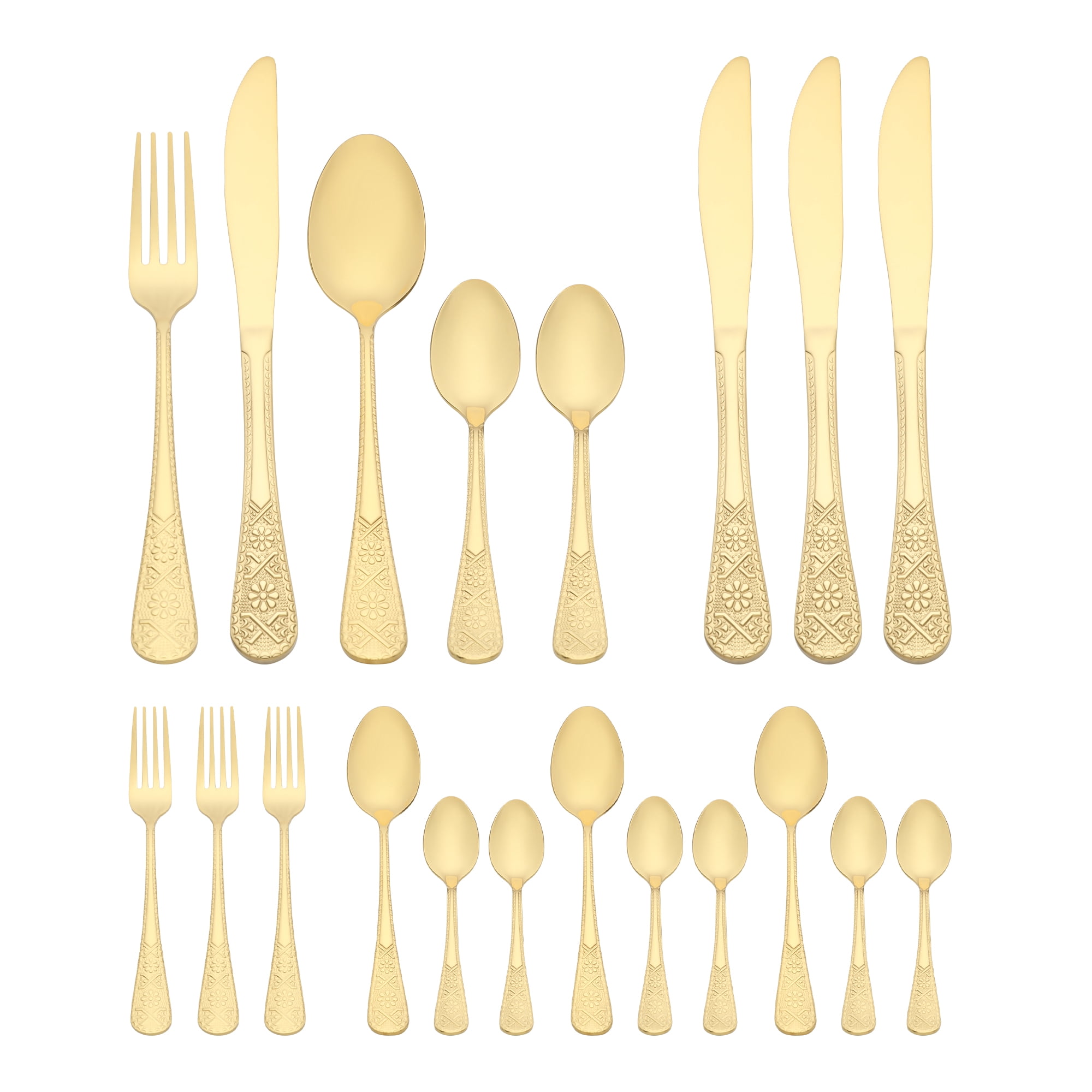 Unique Bargains 20 Piece Stainless Steel Floral Dinner Flatware Set Gold 20