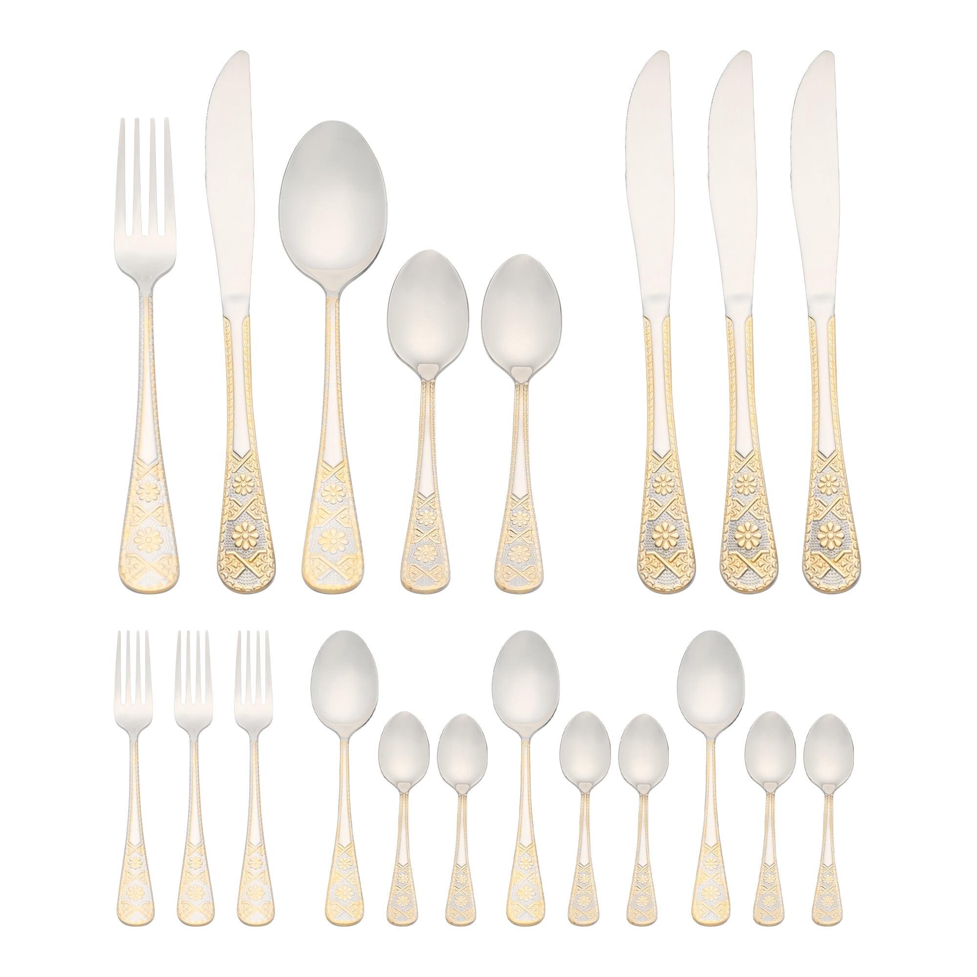 Unique Bargains 20 Piece Stainless Steel Floral Dinner Flatware Set Silver/Gold 20