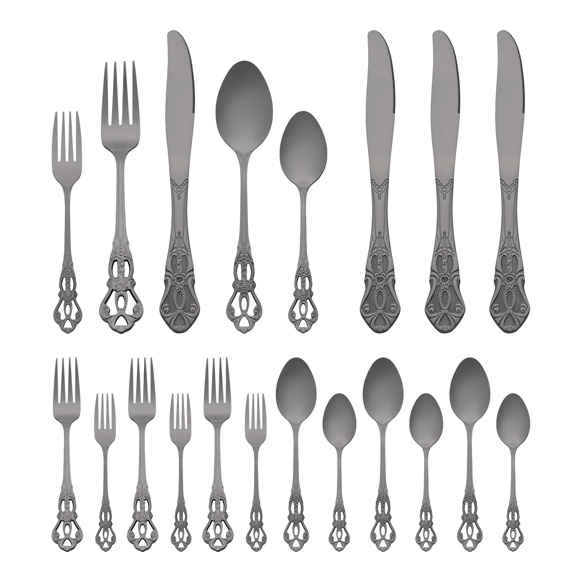 Unique Bargains 20 Piece Stainless Steel Floral Flatware Set for Kitchen Eating Tableware Black 20