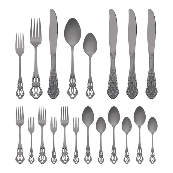 Unique Bargains 20 Piece Stainless Steel Floral Flatware Set for Kitchen Eating Tableware Black 20