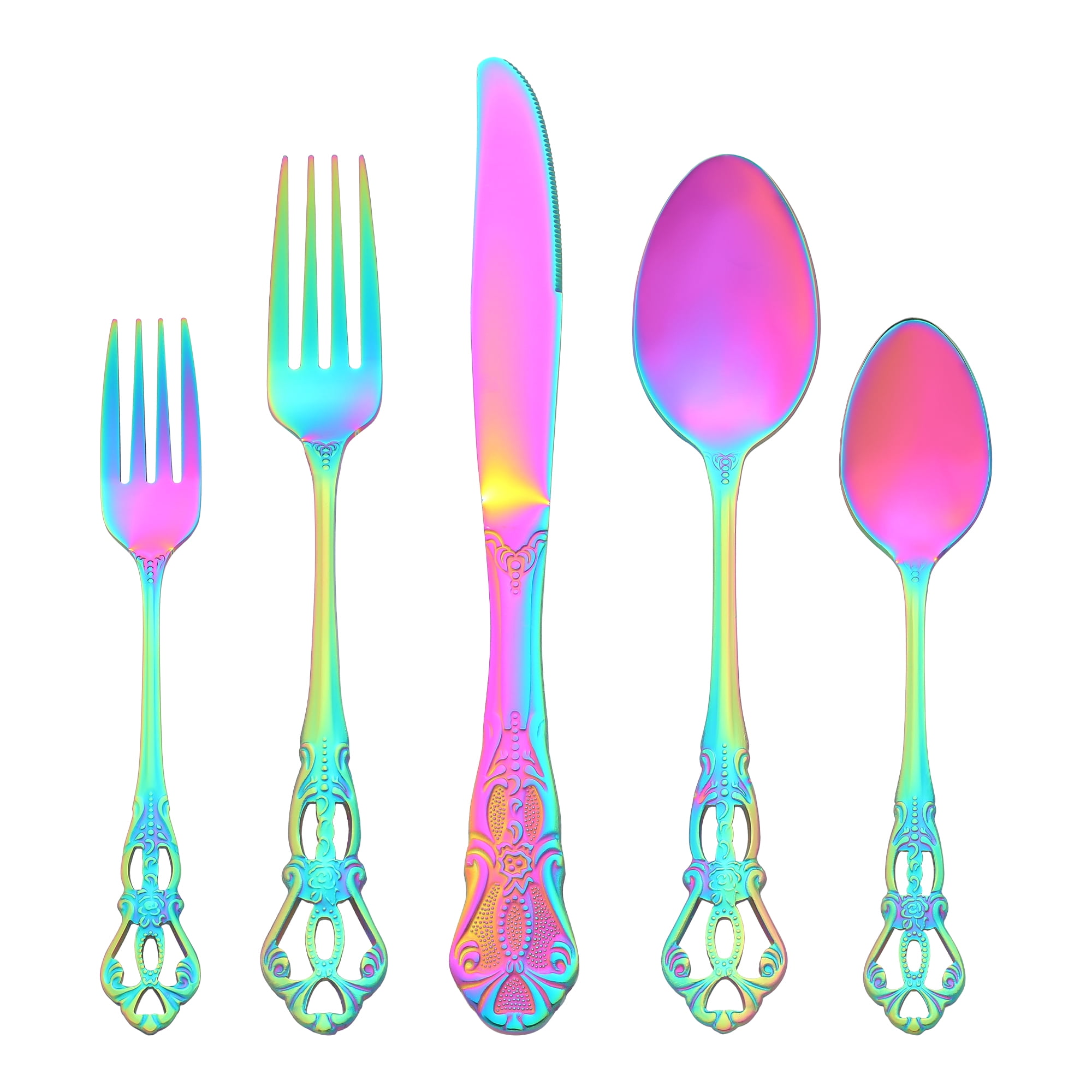 Unique Bargains 20 Piece Stainless Steel Floral Flatware Set Colorful