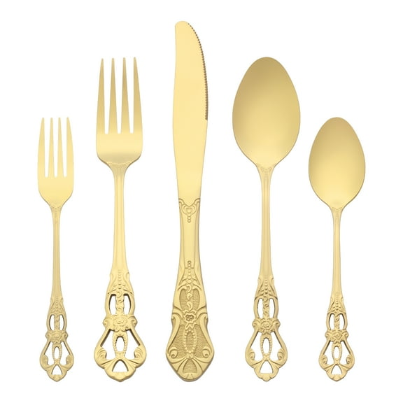 Unique Bargains 20 Piece Stainless Steel Floral Flatware Set Gold