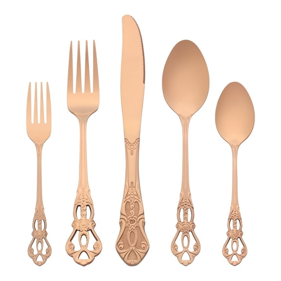 Unique Bargains 20 Piece Stainless Steel Floral Flatware Set Rose Gold