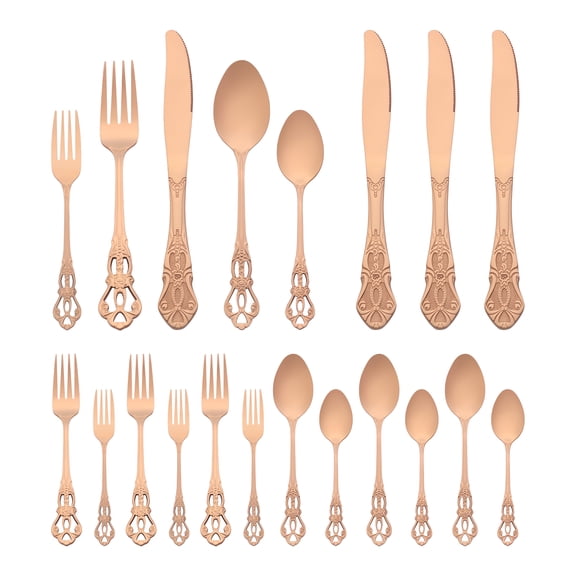 Unique Bargains 20 Piece Stainless Steel Floral Flatware Set for Kitchen Eating Tableware Rose Gold 20