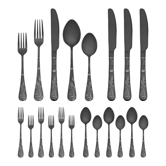 Unique Bargains 20 Piece Stainless Steel Floral Flatware Silverware Set for 4 Black