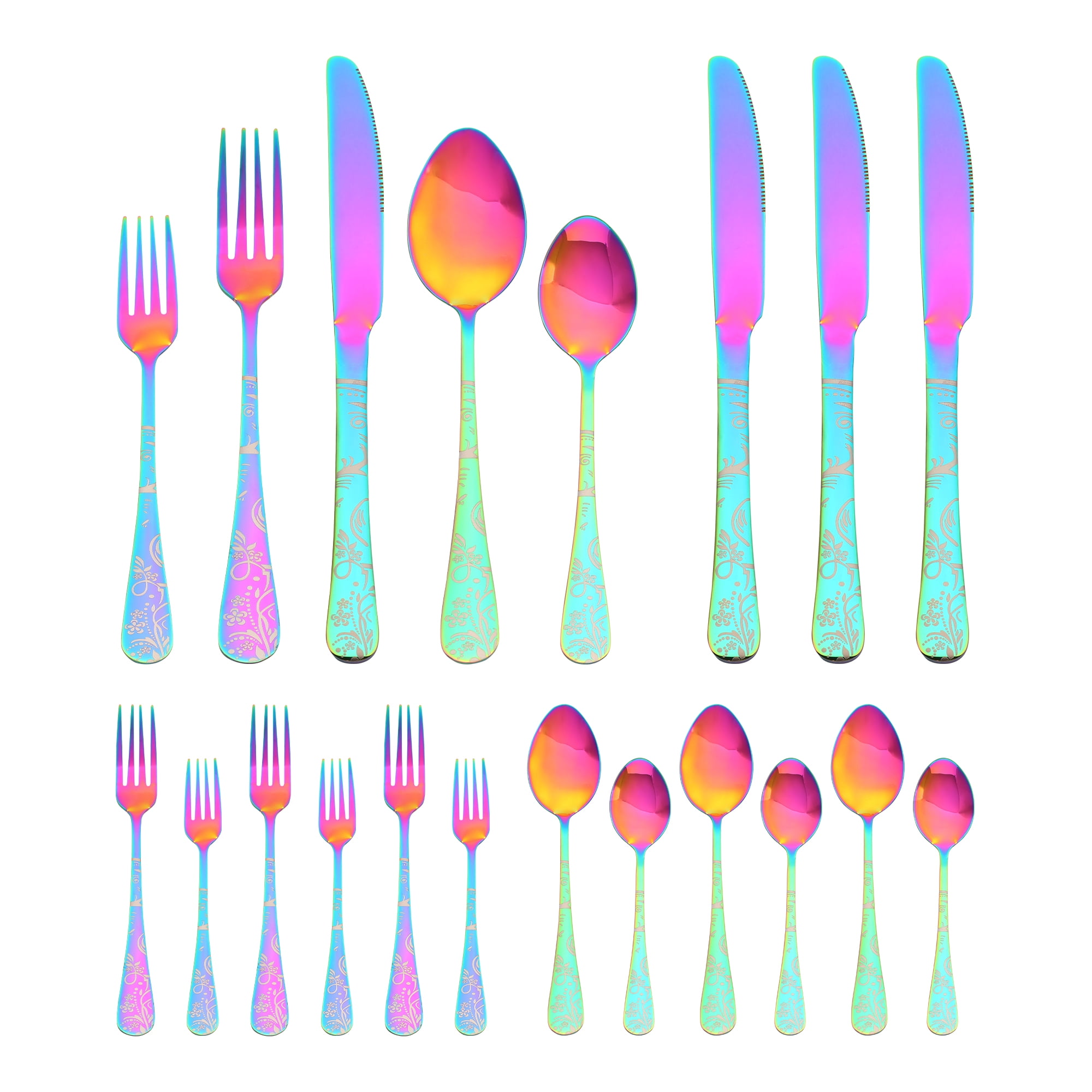Unique Bargains 20 Piece Stainless Steel Floral Flatware Silverware Set for 4 Colorful