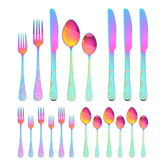 Unique Bargains 20 Piece Stainless Steel Floral Flatware Silverware Set for 4 Colorful