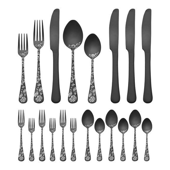 Unique Bargains 20 Pieces Floral Stainless Steel Flatware Set for 4 Black