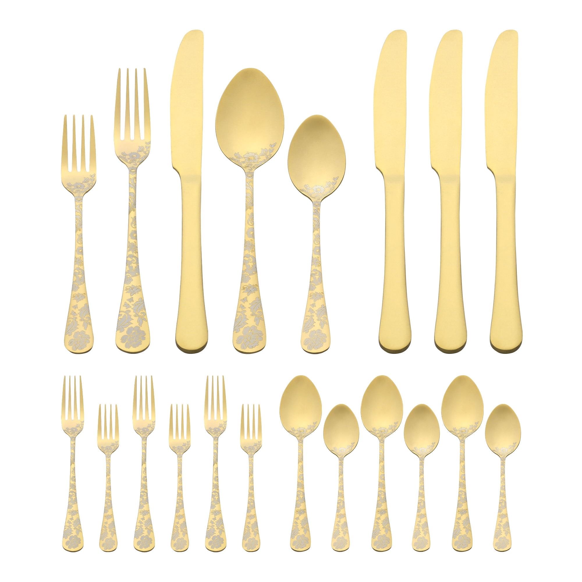 Unique Bargains 20 Pieces Floral Stainless Steel Flatware Set for 4 Gold