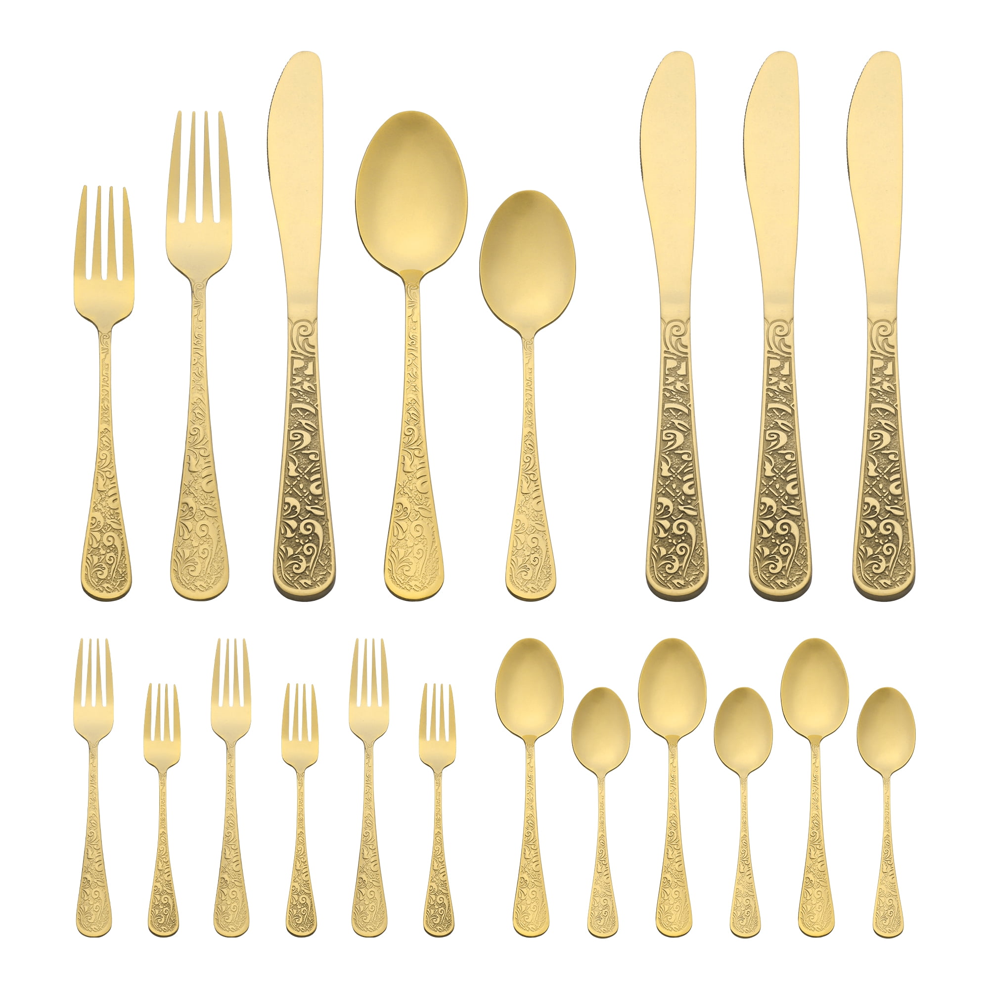 Unique Bargains 20 Pieces Stainless Steel Flatware Set Mirror Polished Cutlery Gold
