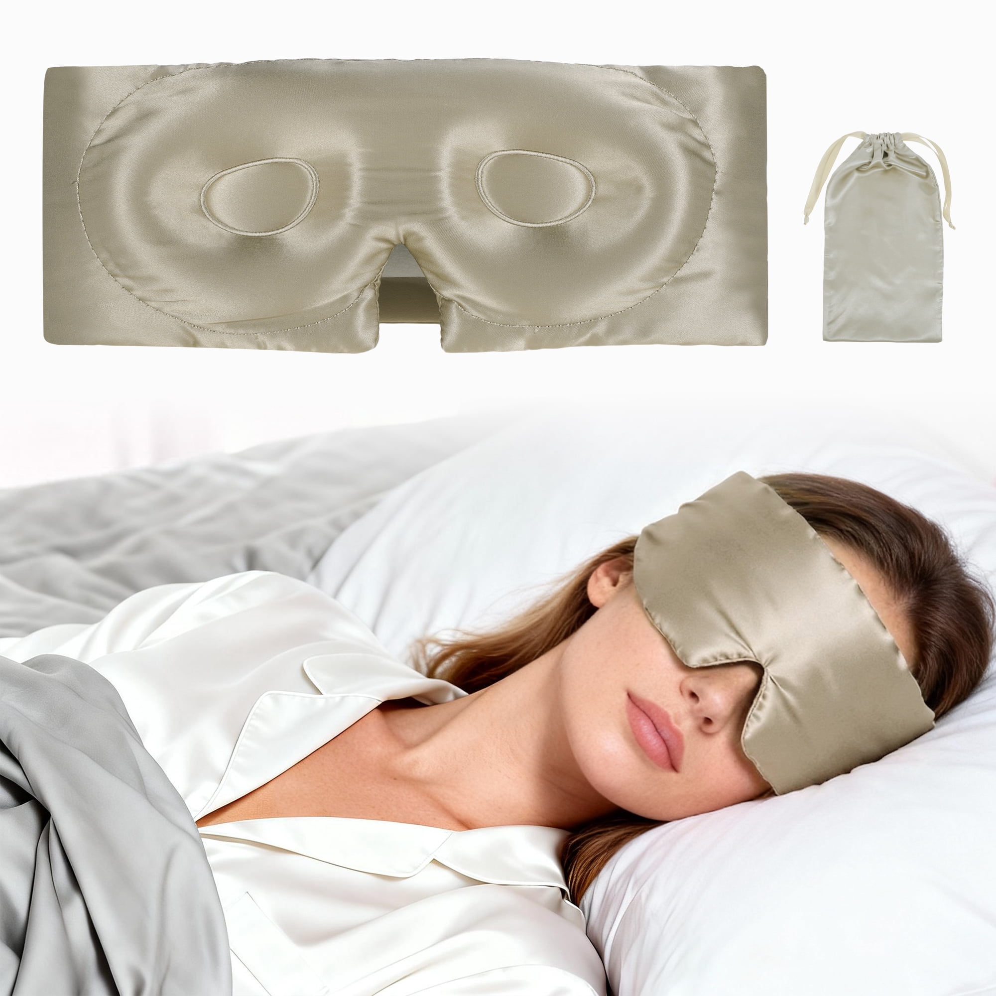 22 Momme Pure Silk Sleep Mask with Travel Pouch, 3D Contour Adjustable Blindfold for Side Sleepers, Taupe