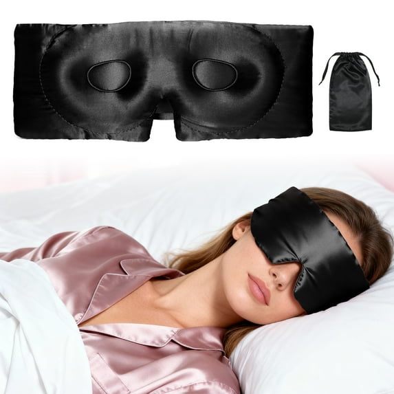 Unique Bargains 22 Momme Pure Silk Sleep Mask with Travel Pouch 3D Contour Adjustable Blindfold for Side Sleepers Eyelash Protecting for Natural Lashes & Extensions Black