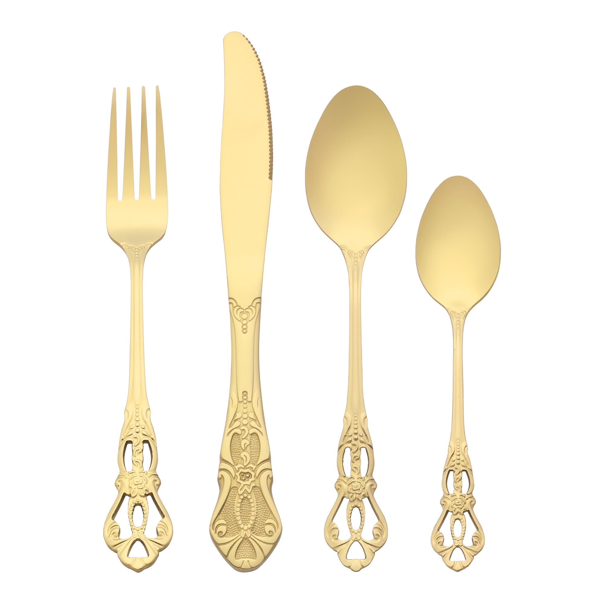 Unique Bargains 24 Pcs Silverware Set Stainless Steel Floral Flatware Set Gold