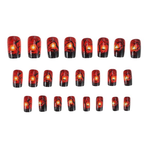 Unique Bargains 24 Pcs Square Forest Fake Nails Black Orange Red