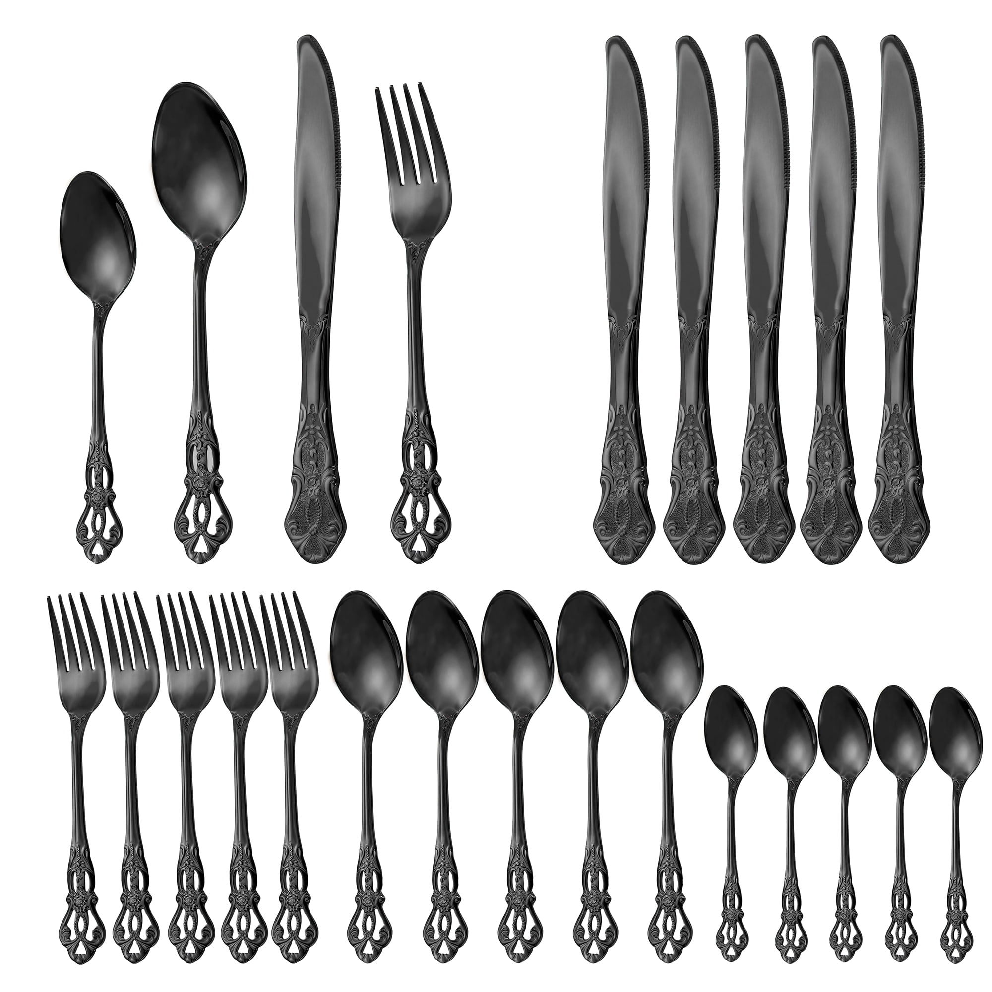 Unique Bargains 24 Piece Stainless Steel Floral Flatware Set for Eating Tableware Black