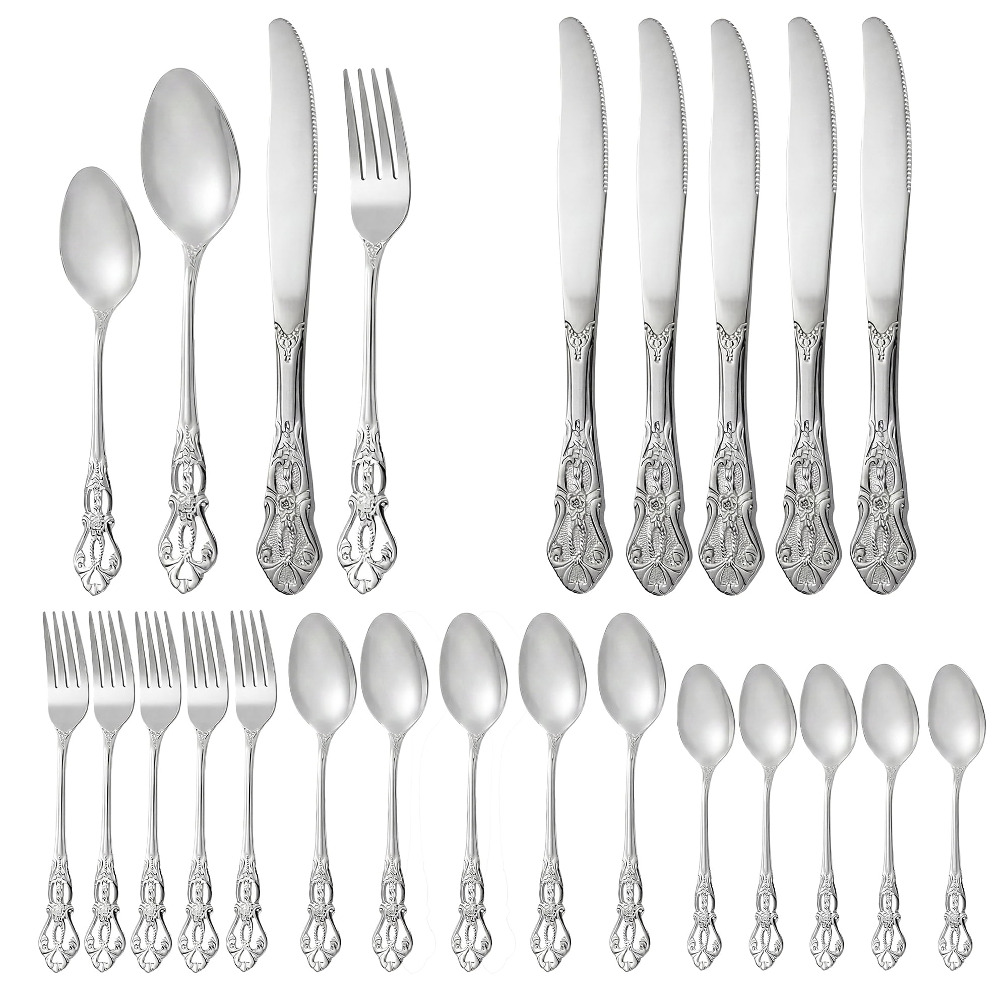 Unique Bargains 24 Piece Stainless Steel Floral Flatware Set for Eating Tableware Silver