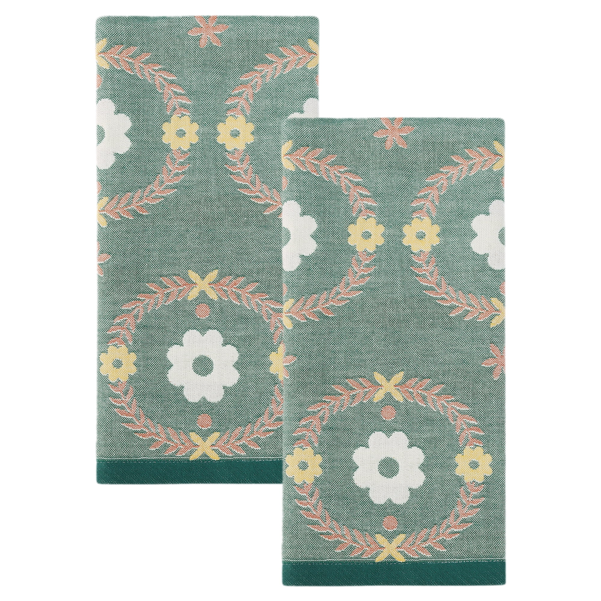 Unique Bargains 29 x 13 Inch Cotton Floral Jacquard Hand Towel Green 2pcs