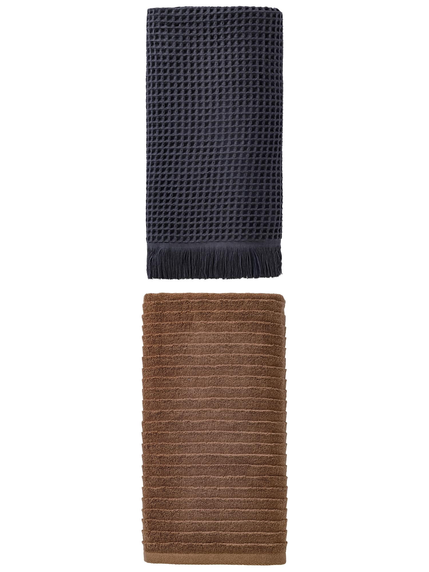 Unique Bargains 2Pcs Absorbent Soft Cotton Bath Towel Dark Blue/Brown 71"x35"/55"x28"