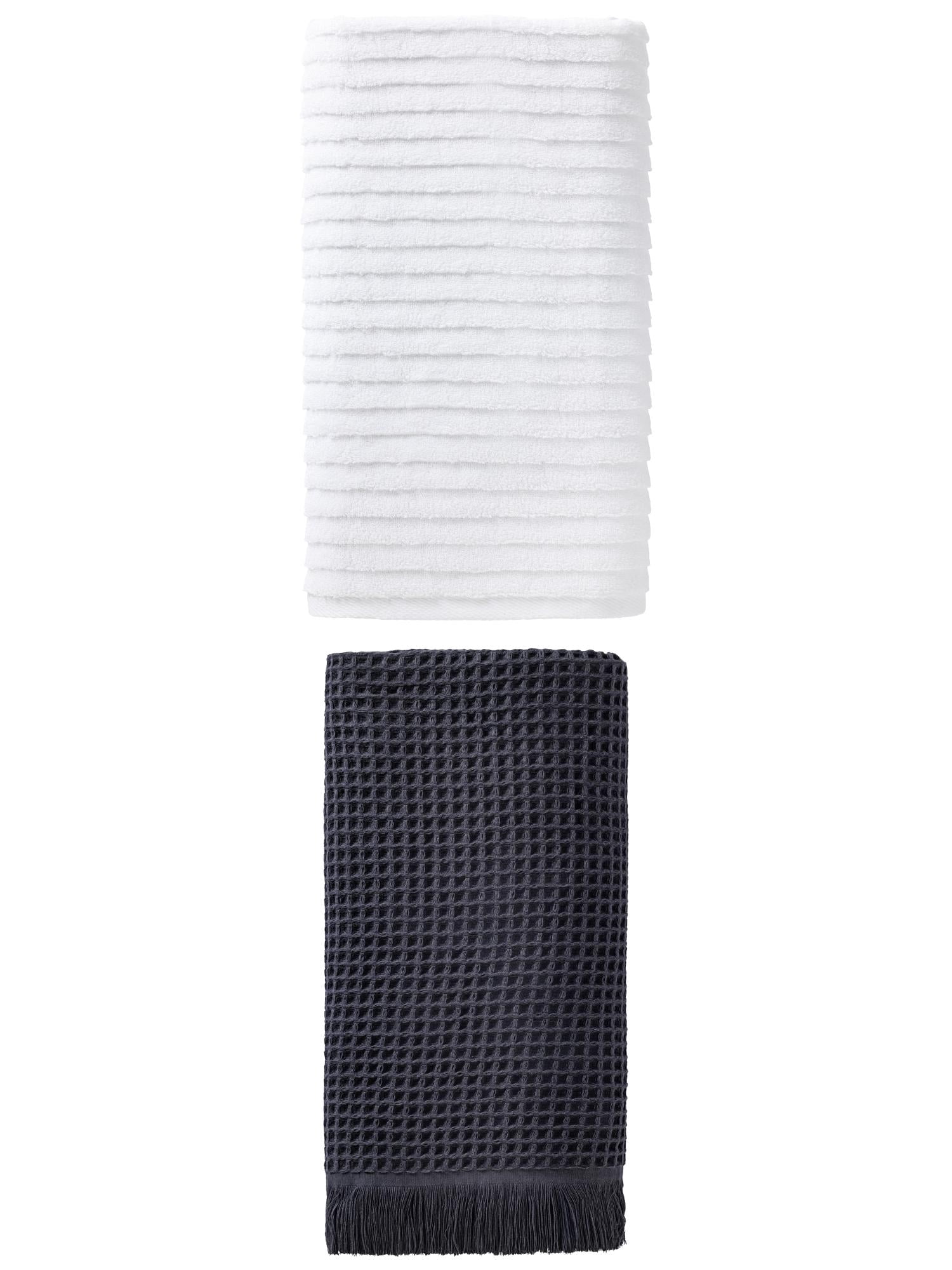 Unique Bargains 2Pcs Absorbent Soft Cotton Bath Towel Dark Blue/White 71"x35"/55"x28"