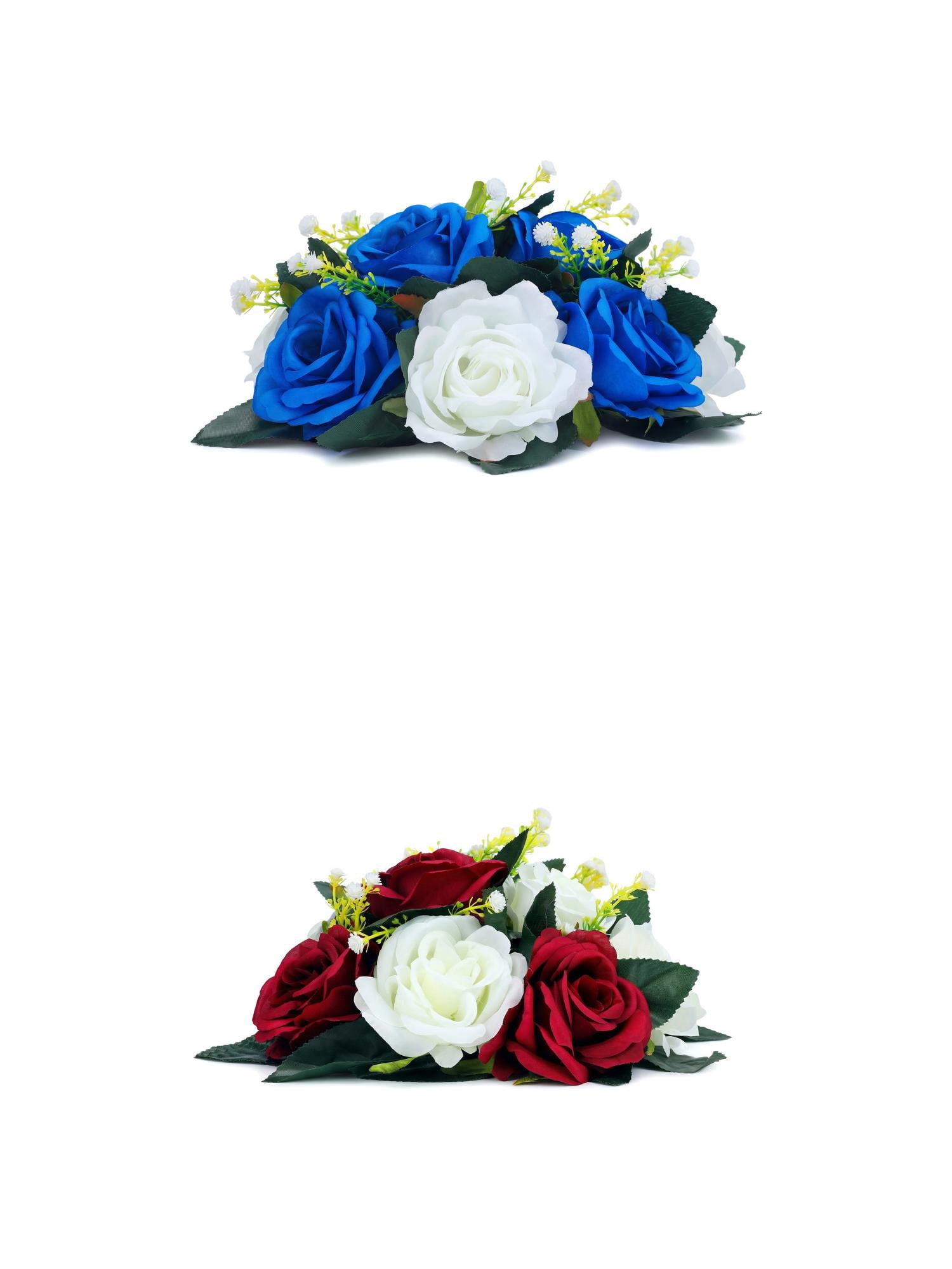 Unique Bargains 2Pcs Artificial Rose Flower Centerpiece Blue Dark Red 4.7 in