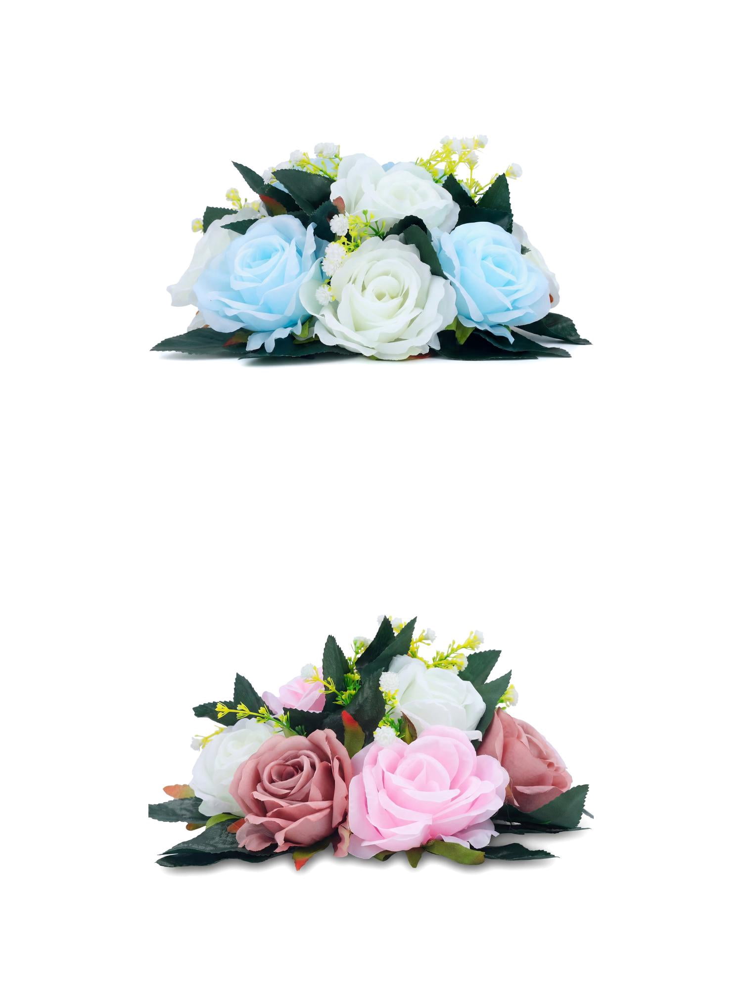 Unique Bargains 2Pcs Artificial Rose Flower Centerpiece Sky Blue Dark Pink 4.7 in