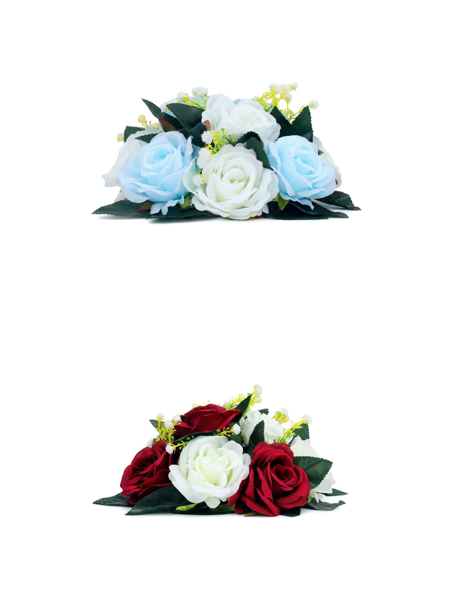 Unique Bargains 2Pcs Artificial Rose Flower Centerpiece Sky Blue Dark Red 4.7 in