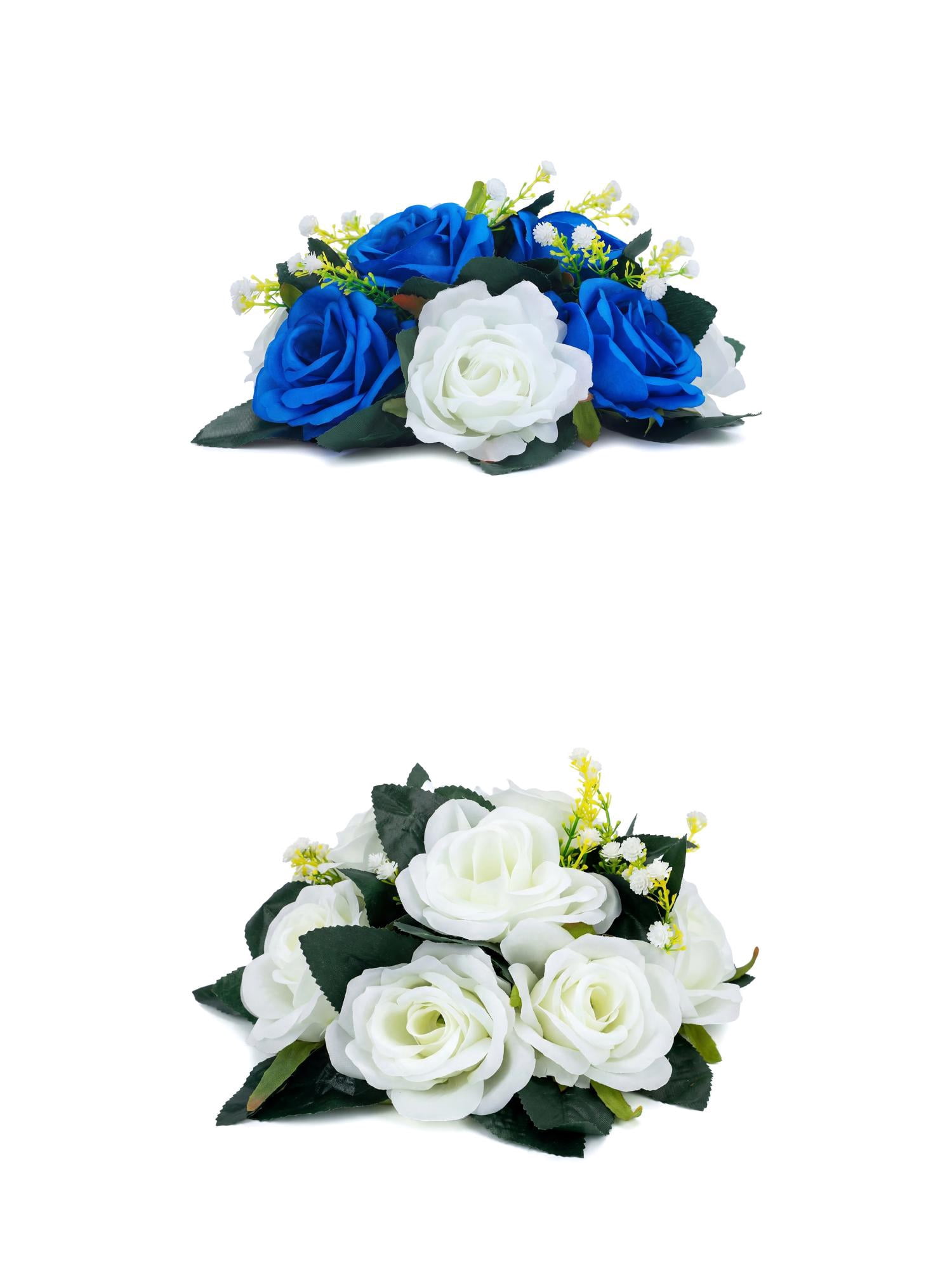 Unique Bargains 2Pcs Artificial Rose Flower Centerpiece White Blue 4.7 in