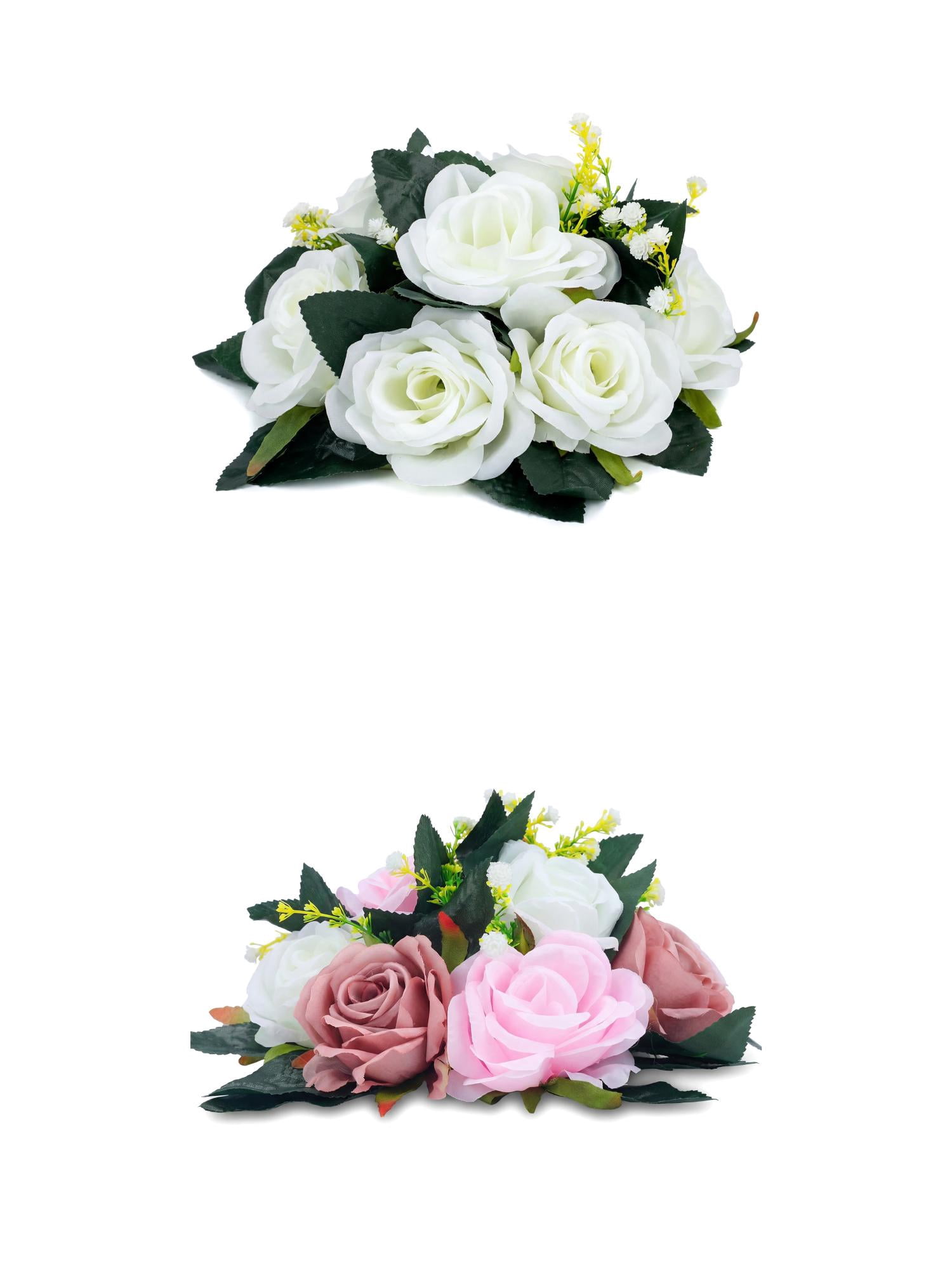 Unique Bargains 2Pcs Artificial Rose Flower Centerpiece White Dark Pink 4.7 in