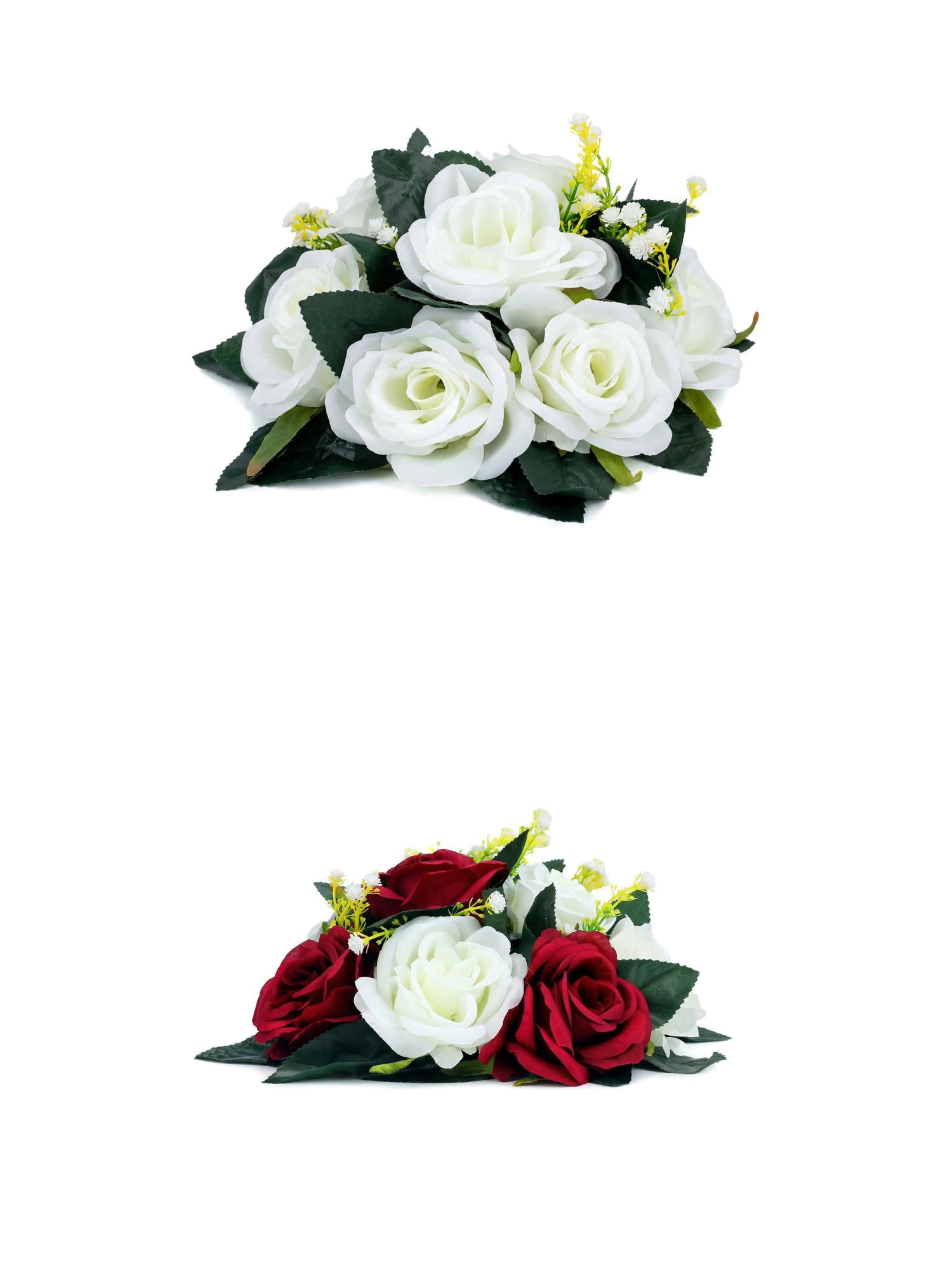Unique Bargains 2Pcs Artificial Rose Flower Centerpiece White Dark Red 4.7 in