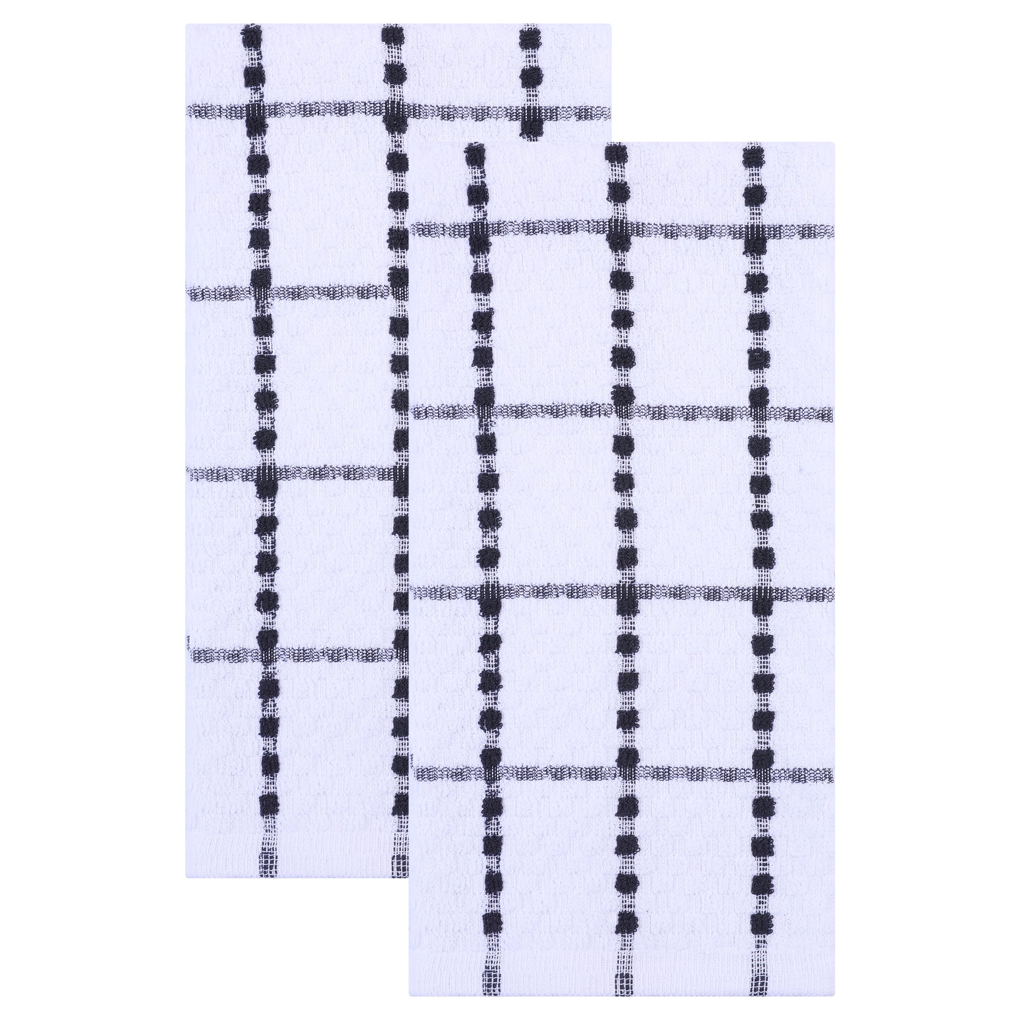 Unique Bargains 2Pcs Classic Plaid 100% Cotton Quick Dry Kitchen Towels Black 25" x 15"