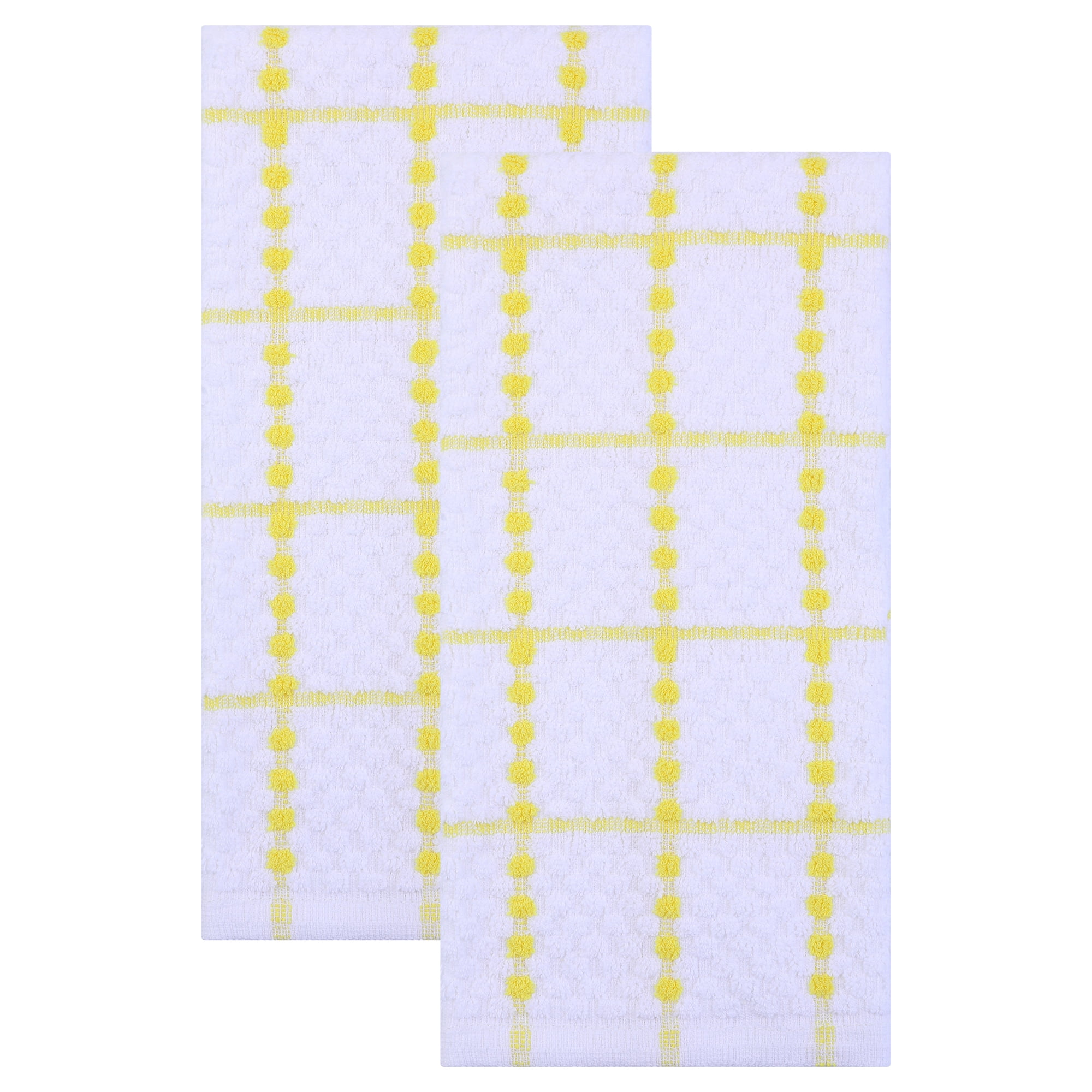 Unique Bargains 2Pcs Classic Plaid 100% Cotton Quick Dry Kitchen Towels Yellow 25" x 15"