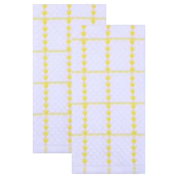 Unique Bargains 2Pcs Classic Plaid 100% Cotton Quick Dry Kitchen Towels Yellow 25" x 15"