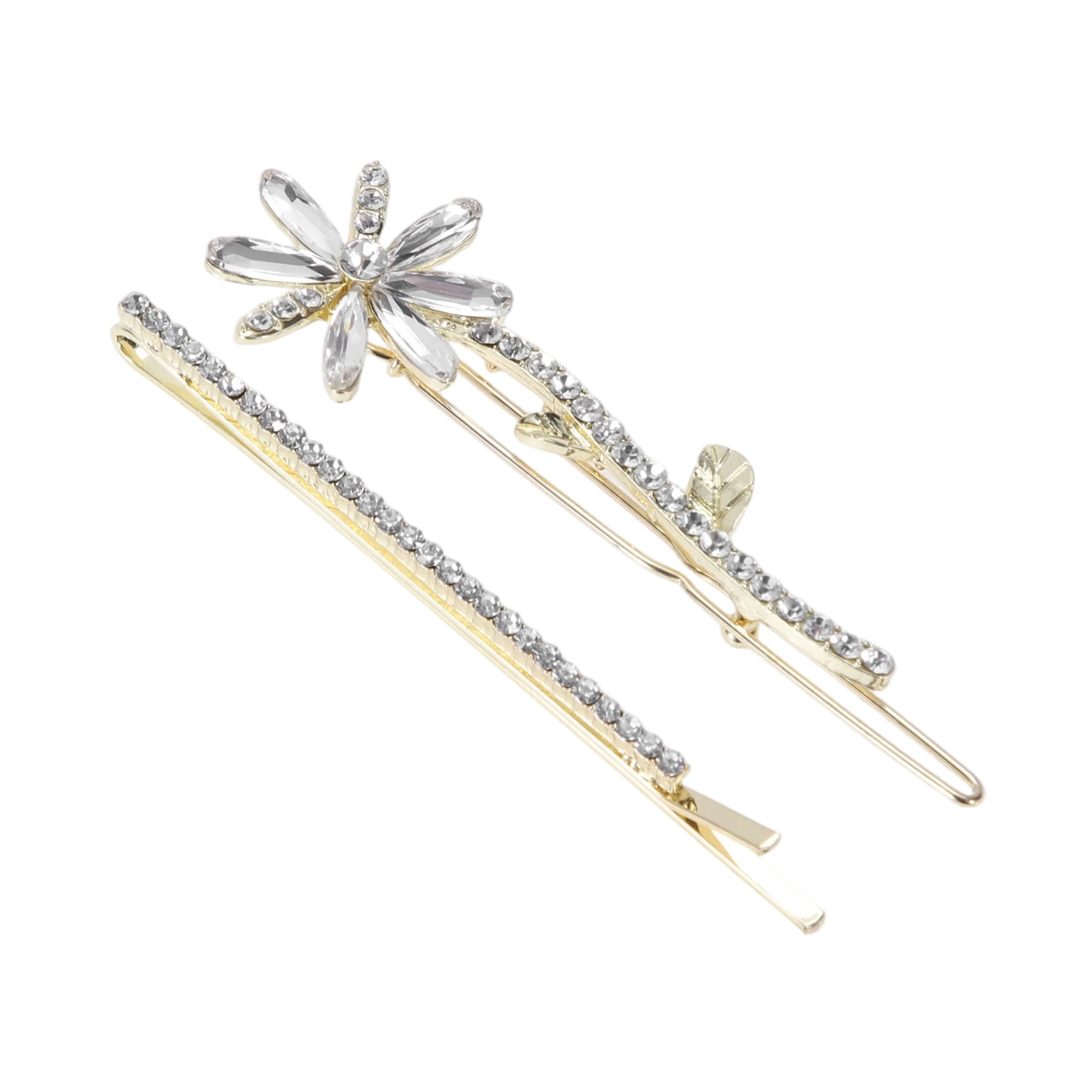 Unique Bargains 2Pcs Faux Crystal Flower Bobby Pin Gold Tone Hair Accessory