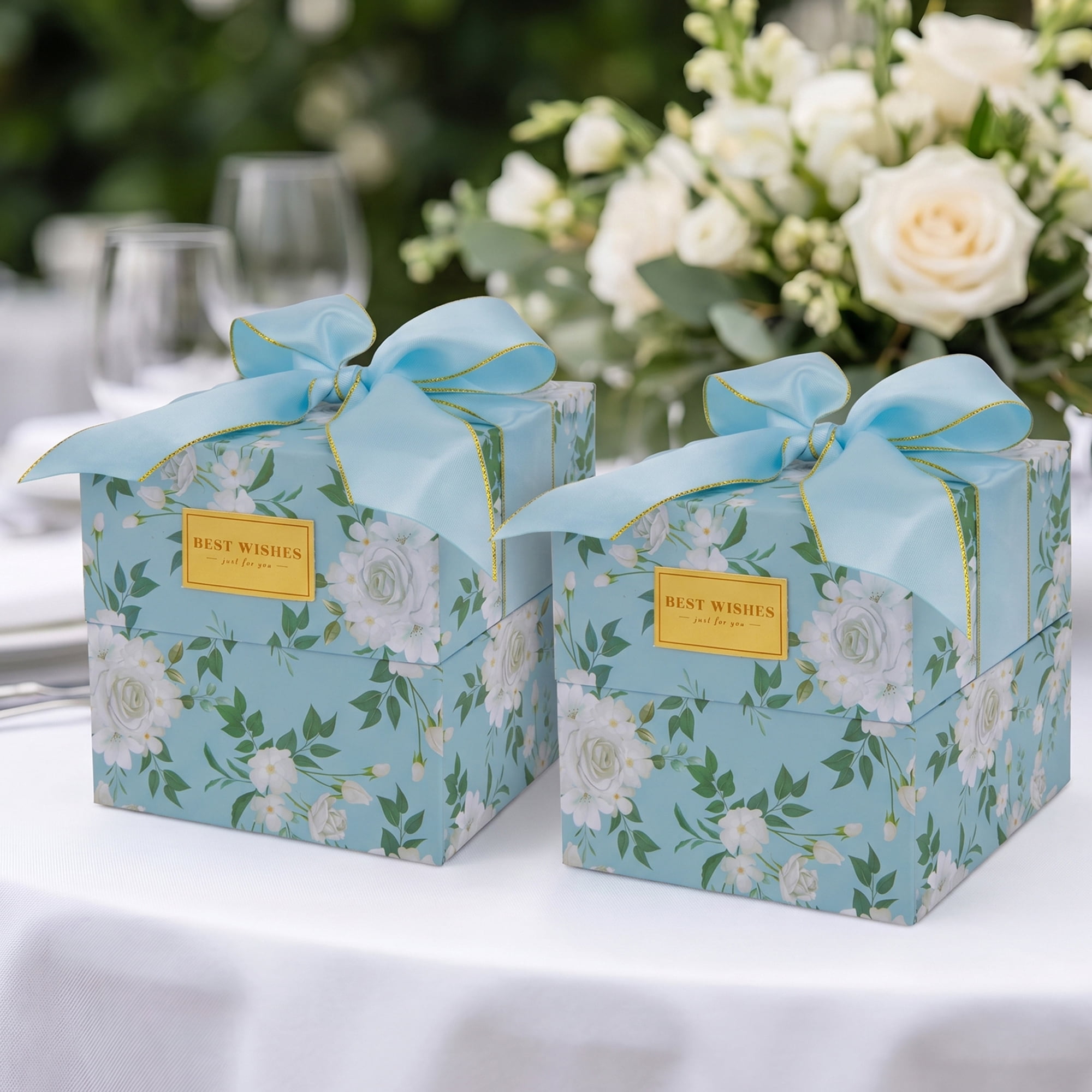 Unique Bargains 2Pcs Floral Ribbon Multifunctional Gift Box Blue 4.7" x 4.7" x 4.7"