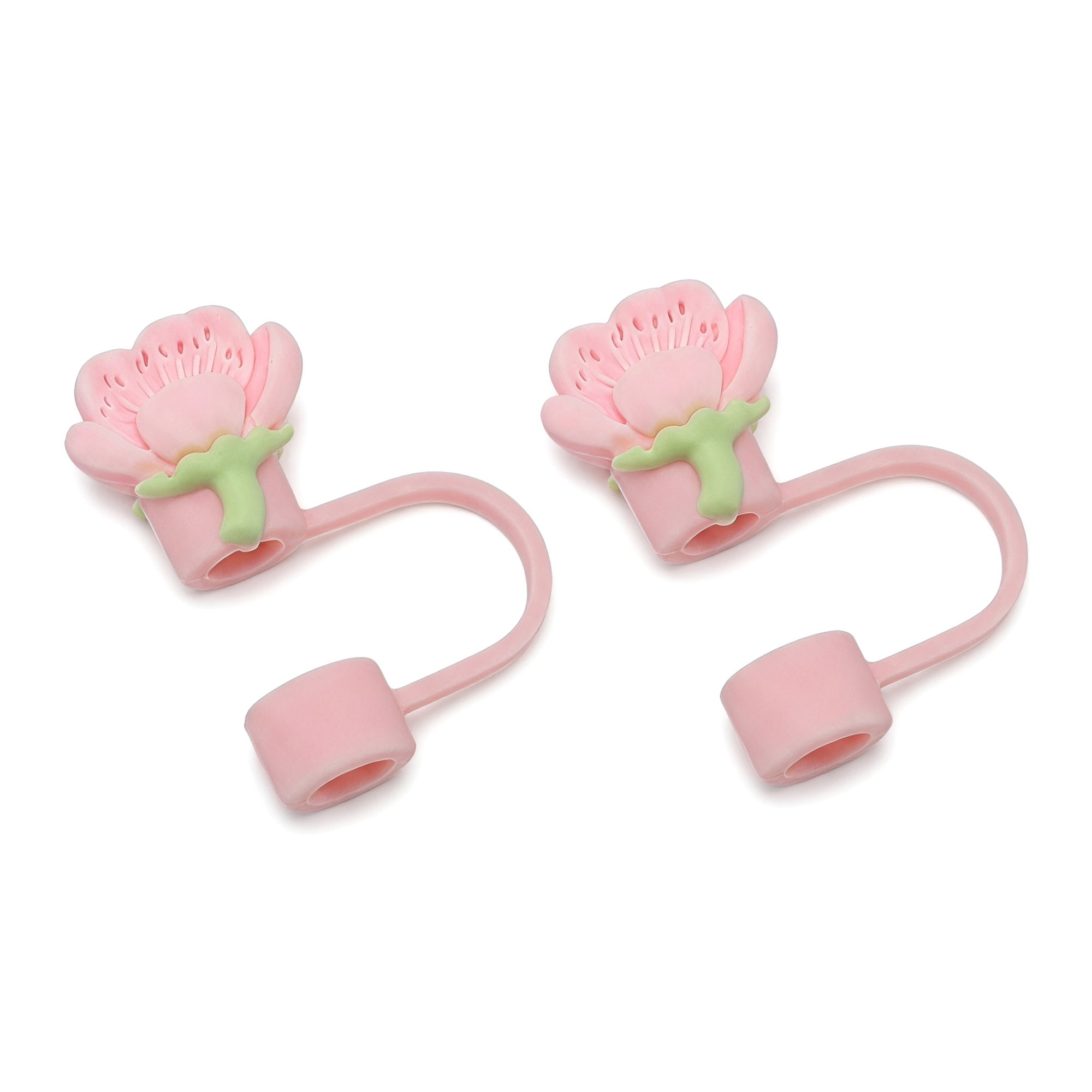 Unique Bargains 2Pcs Floral Silicone Straw Caps Reusable Dust-Proof Toppers Pink B