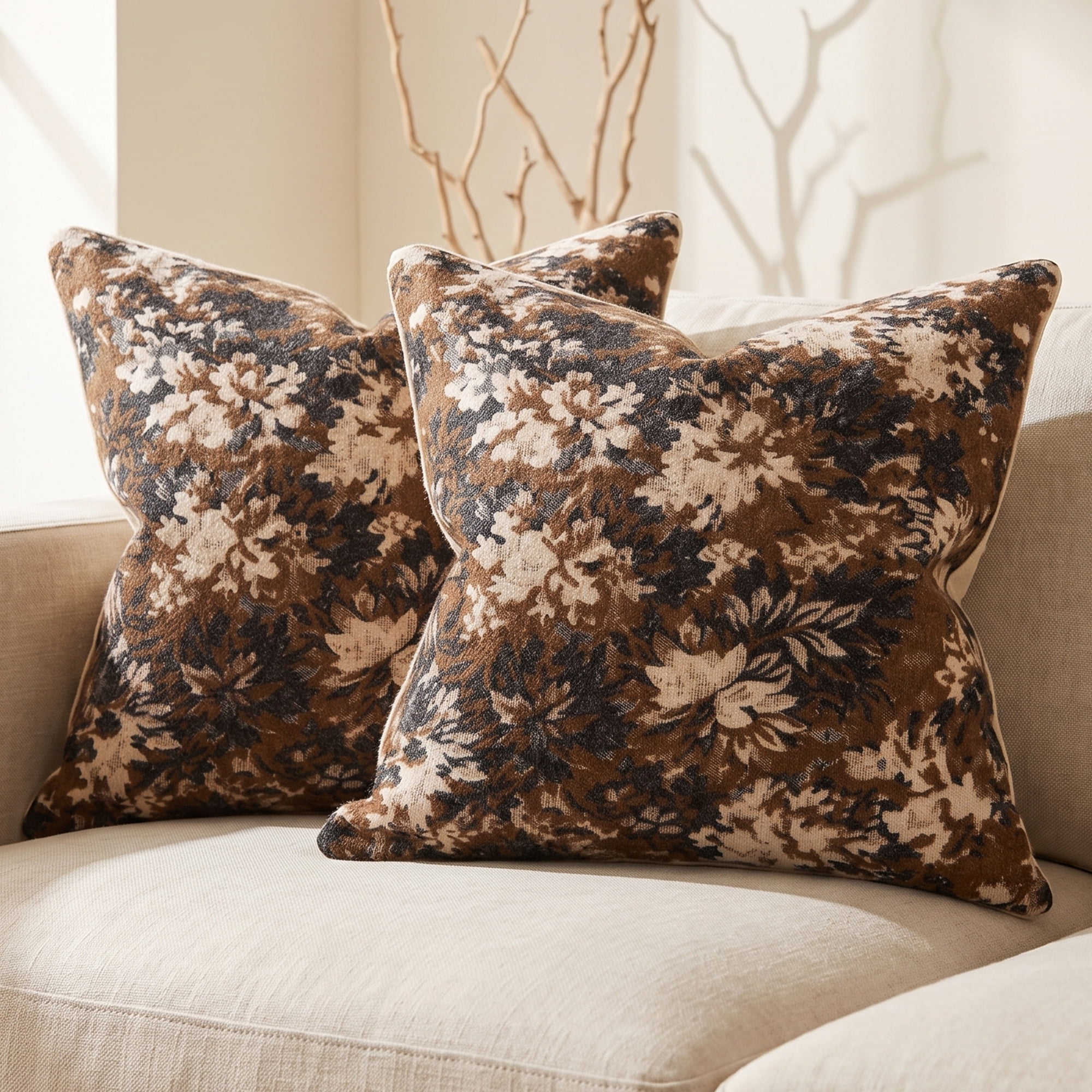 Unique Bargains 2Pcs Floral Throw Pillow Covers Chenille Cushion Cases Caramel 18"x18"
