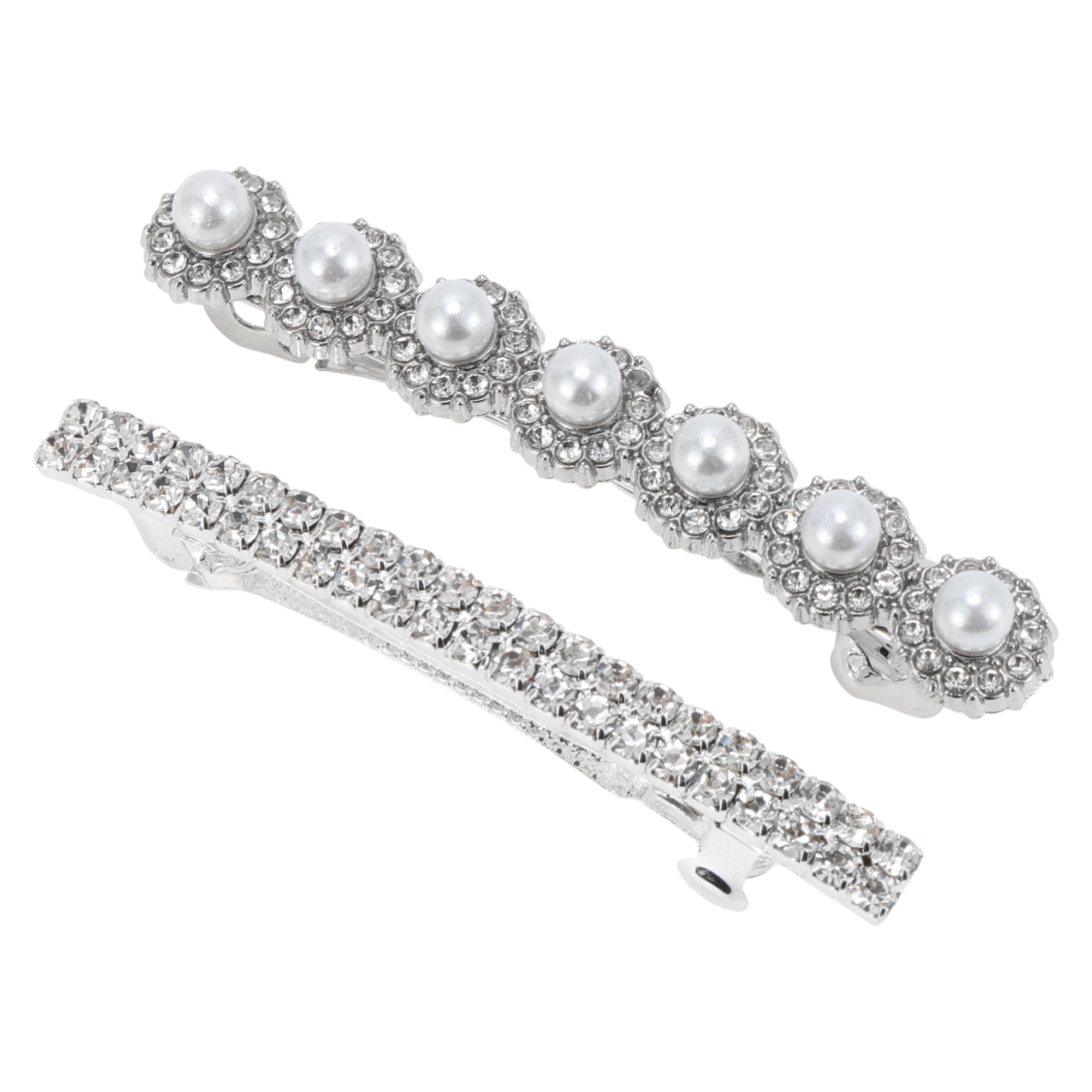 Unique Bargains 2Pcs Grace Crystal Set Style Hair Barrettes Silver Tone
