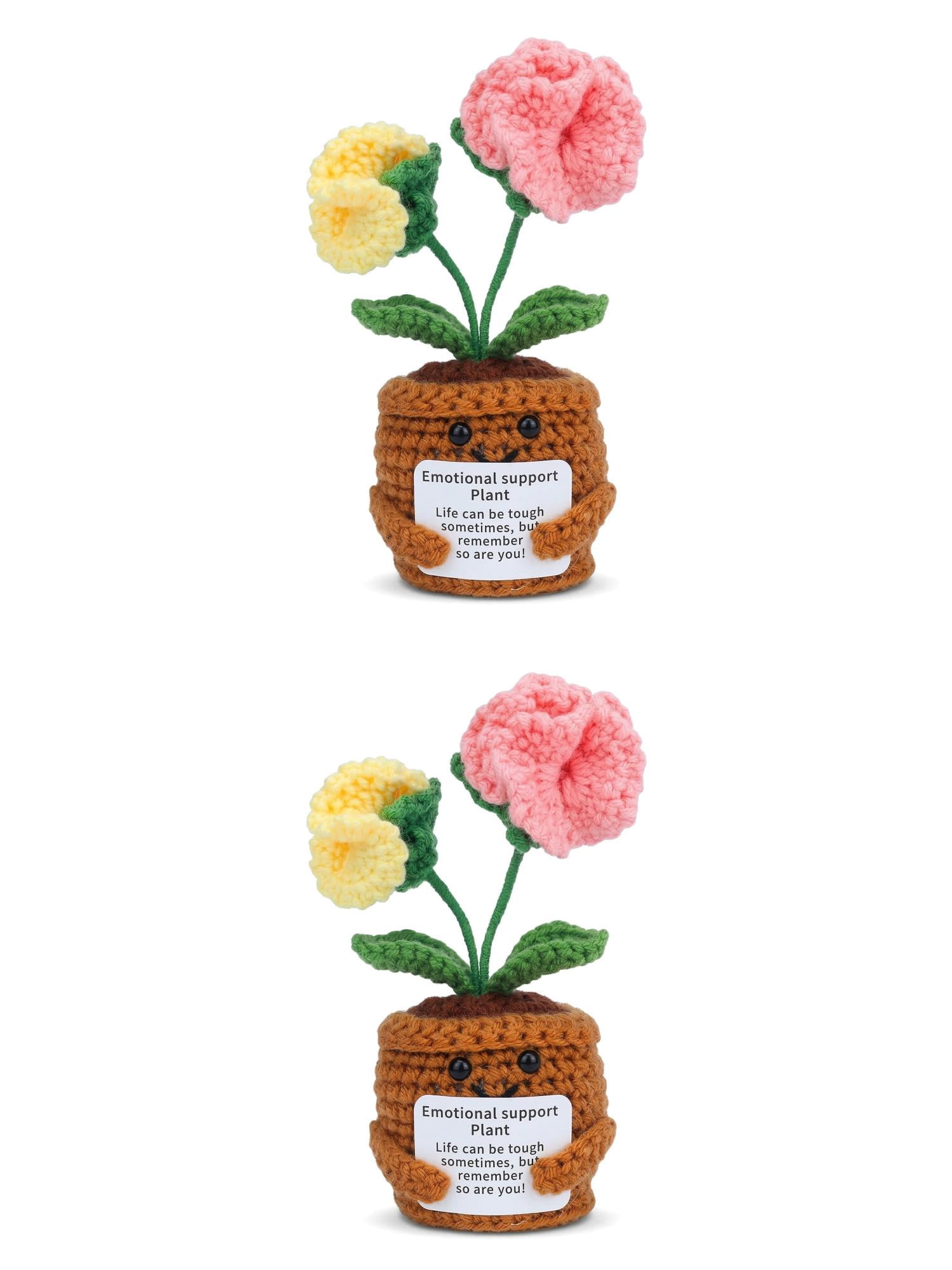 Unique Bargains 2Pcs Handmade Crochet Carnation Knitted Potted Plant Pale Yellow 4.3in