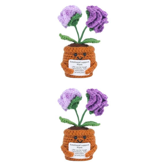 Unique Bargains 2Pcs Handmade Crochet Carnation Knitted Potted Plant Purple 4.3in