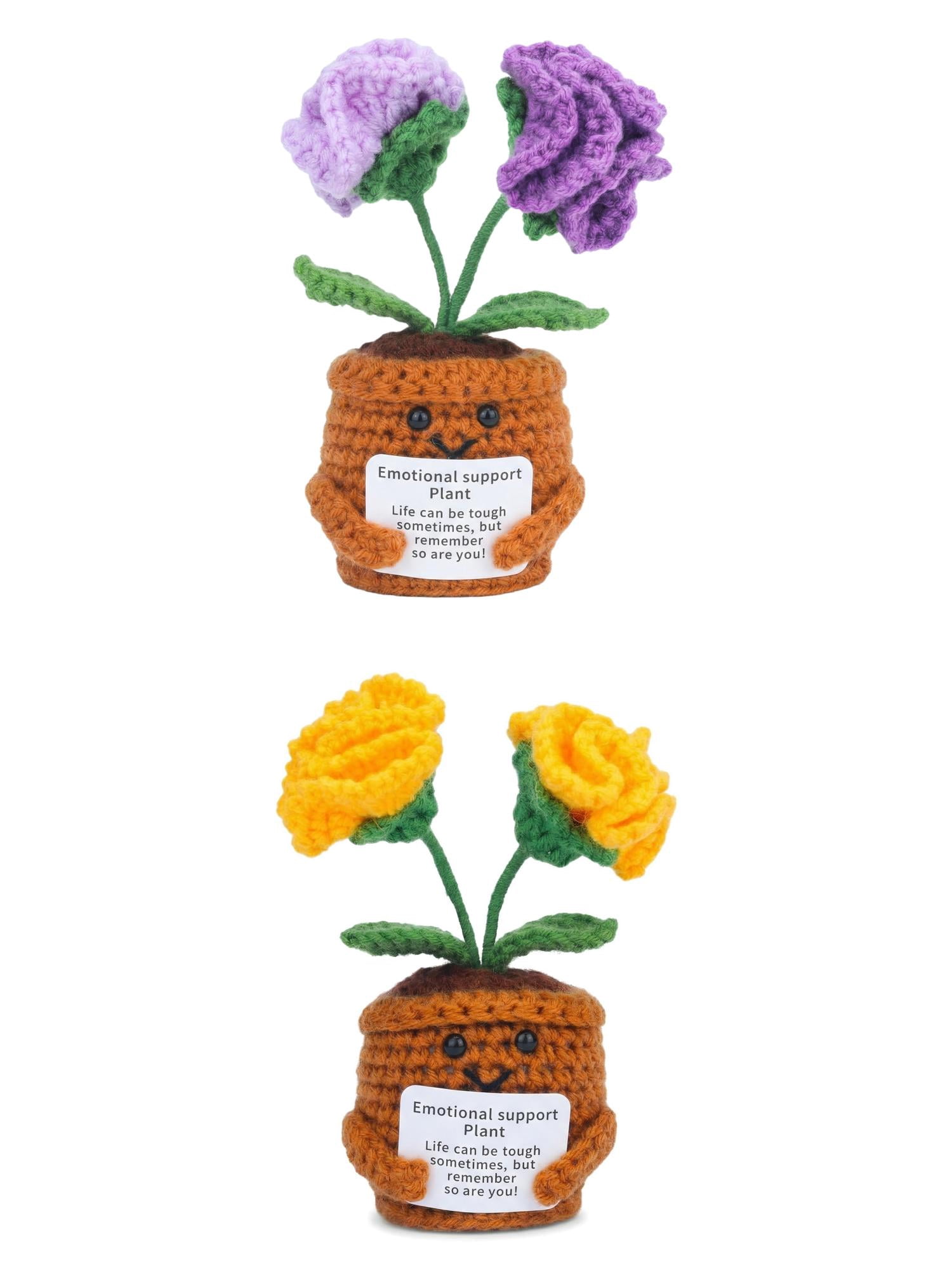 Unique Bargains 2Pcs Handmade Crochet Carnation Knitted Potted Plant Purple Yellow 4.3in