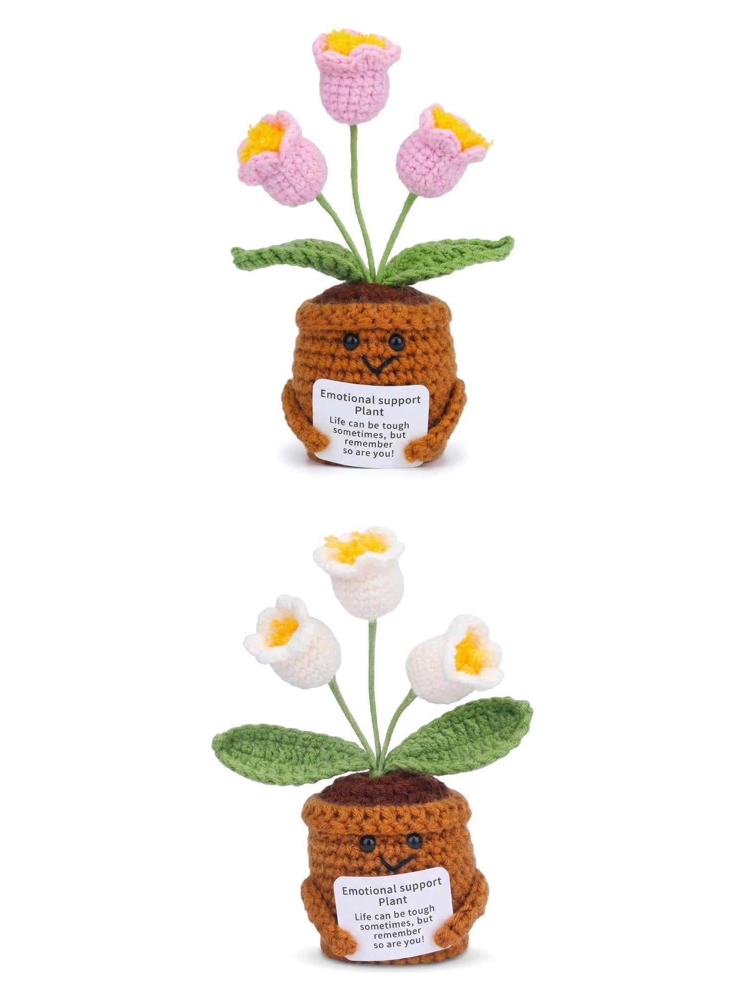 Unique Bargains 2Pcs Handmade Crochet Lily Knitted Potted Plant White Pink 4.3in