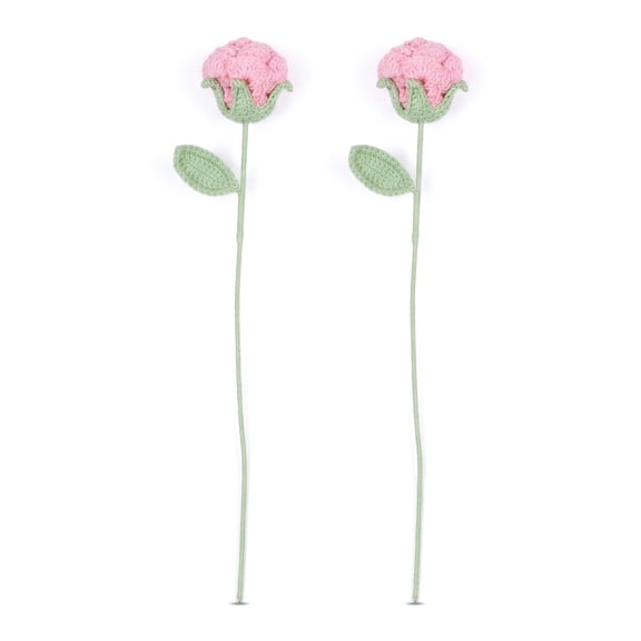 Unique Bargains 2Pcs Handmade Crochet Long Stem Realistic Fake Roses Pink
