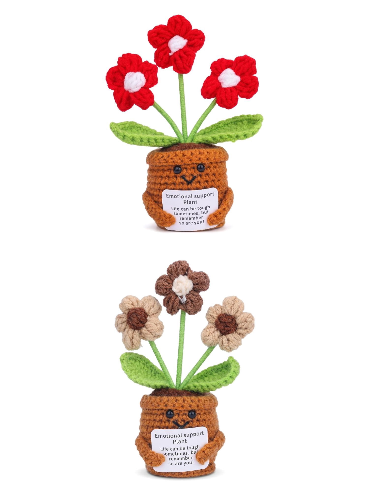 Unique Bargains 2Pcs Handmade Crochet Potted Knitted Plant Small Yellow Brown Red 4.3in