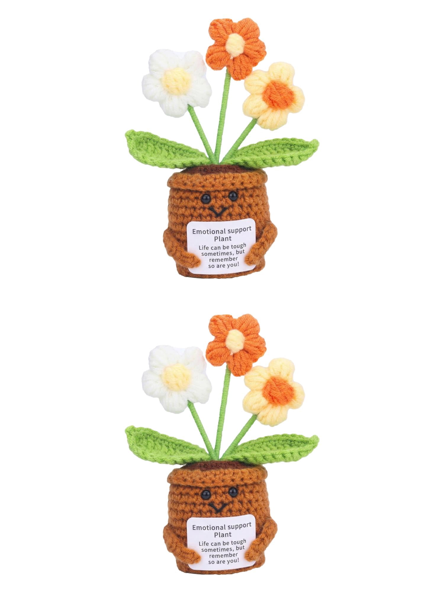 Unique Bargains 2Pcs Handmade Crochet Potted Knitted Plant Small Yellow Flowers 4.3in