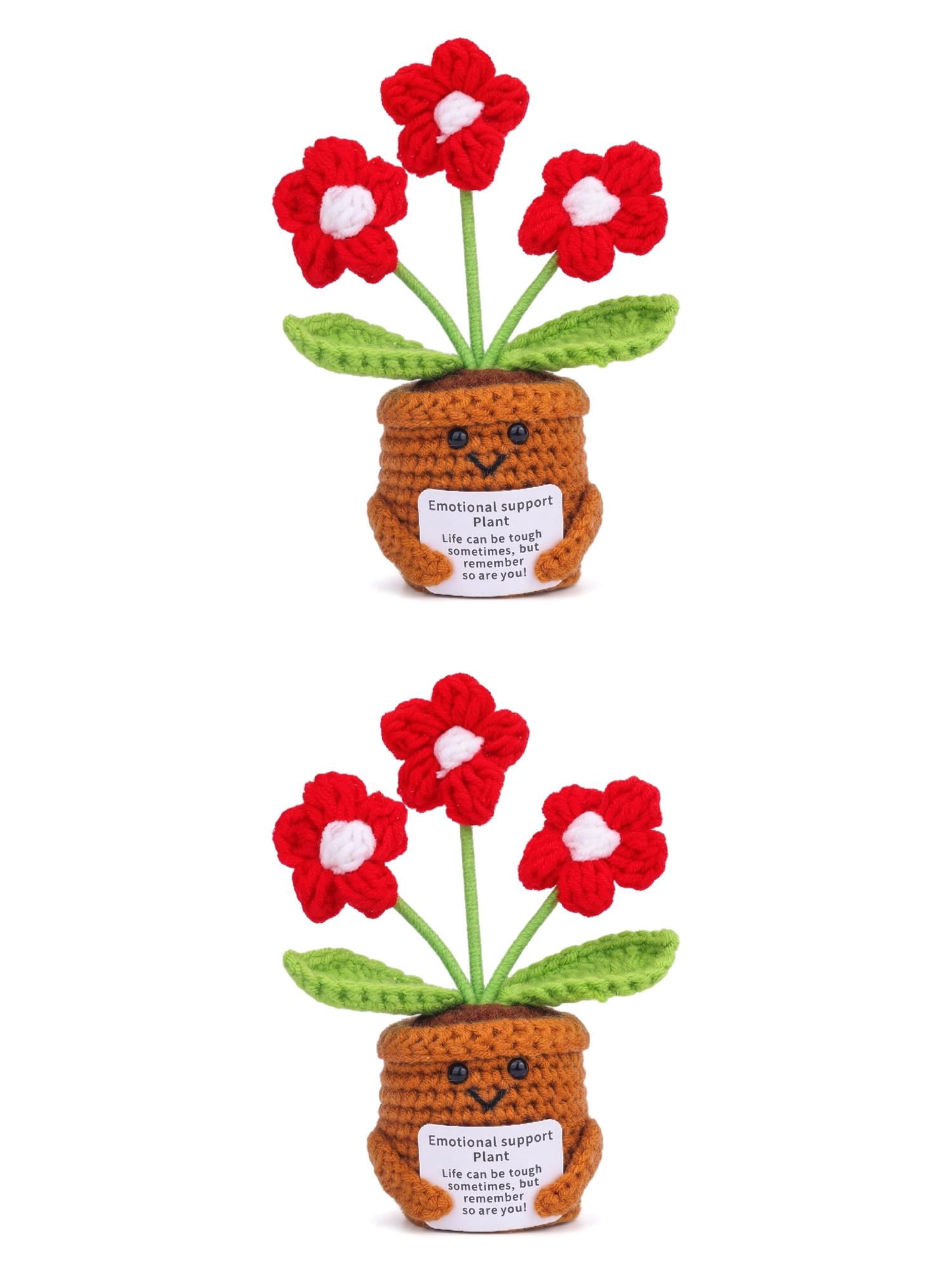 Unique Bargains 2Pcs Handmade Crochet Potted Knitted Plant Small Yellow Flowers Red 4.3in
