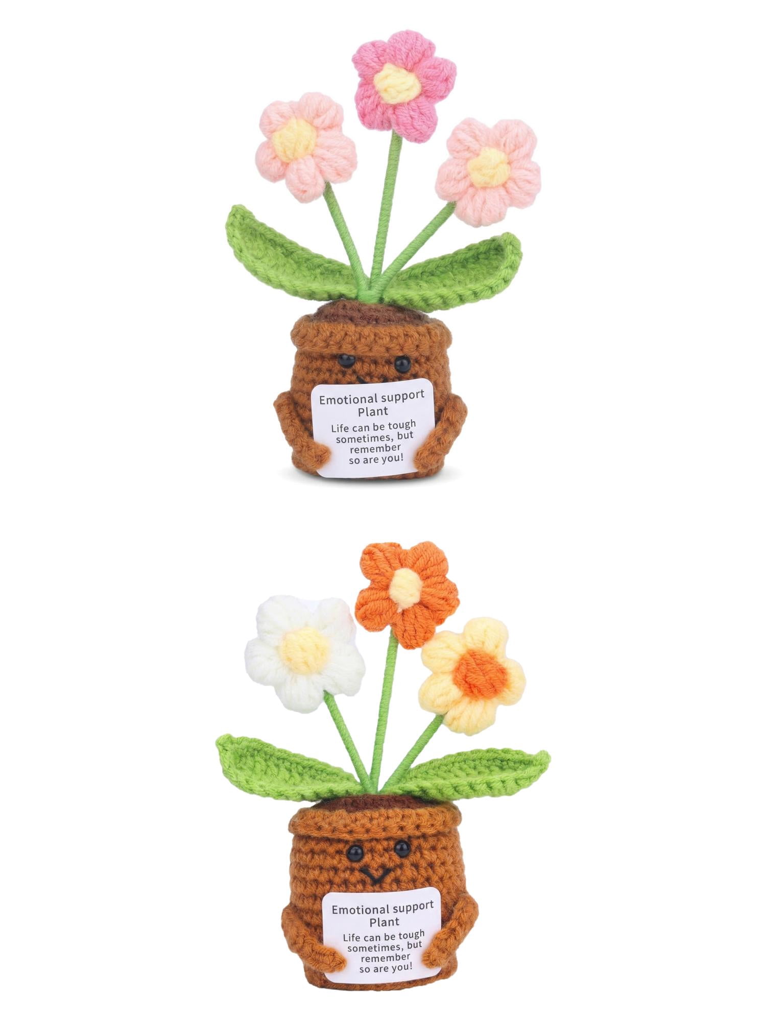 Unique Bargains 2Pcs Handmade Crochet Potted Knitted Plant Small Yellow Pink Flowers 4.3in