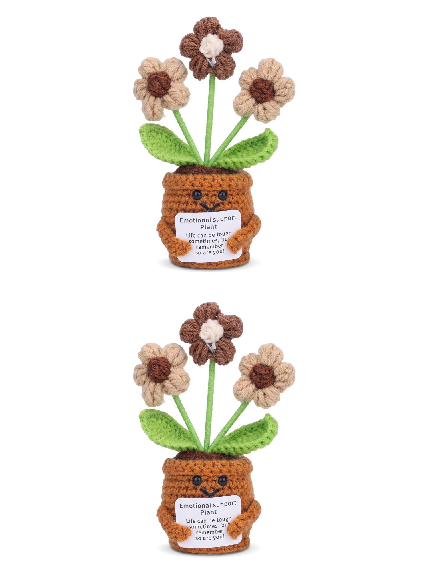Unique Bargains 2Pcs Handmade Crochet Potted Knitted Plant Yellow Brown 4.3in